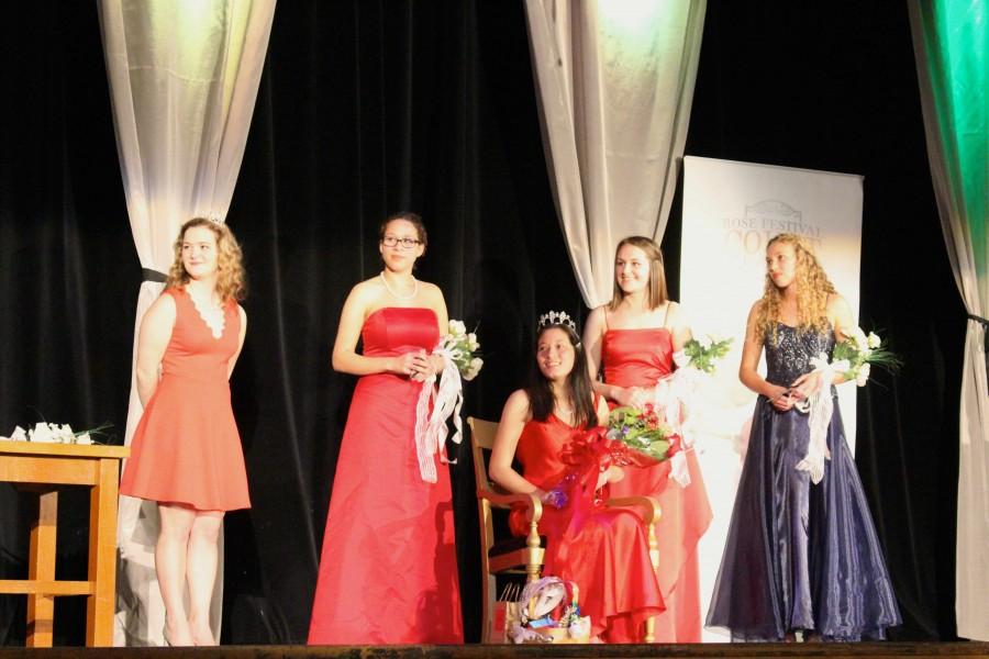 Clevelands 2015 Rose Festival Court, Michaella Joseph, Princess Naomi Tsai, Kaytlin Gaines, and Claire Diller, with 2014 Princess Callie Krevanko after Tsais coronation.