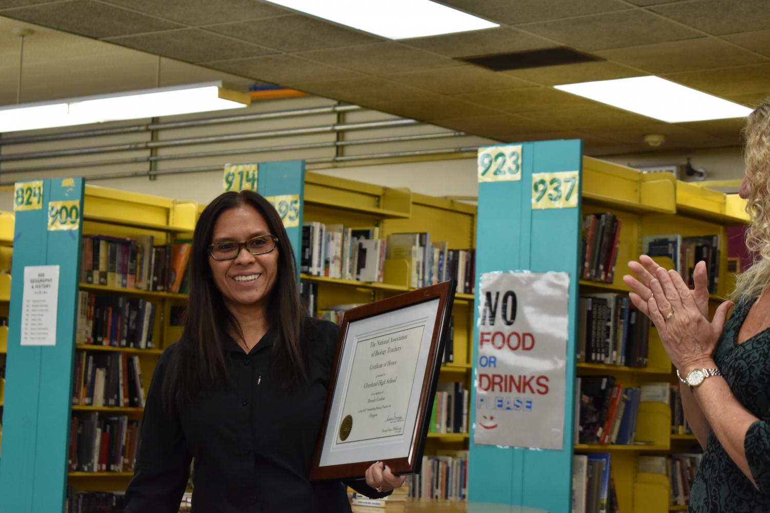 Biology teacher Brenda Gordon was honored Oct. 31 after school in the library in recognition for winning the state Biology teacher of the year.