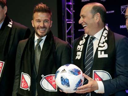 David Beckham and Don Garber, the MLS commissioner, at the announcement that Beckham's Miami club has joined MLS and will start play in 2020.