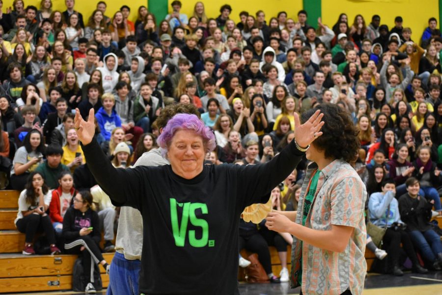 SHE PROMISED. Jan Watt, special projects coordinator and Cleveland icon, just before she reveals her purple hair dye job at the Versus Assembly on March 16. Watt promised to dye her hair purple if the student body raised more than $5,000 during a winter fundraiser to help Cleveland community members in need. The student body came through, and so did she. Watch how the drama unfolded at the end of the assembly.
