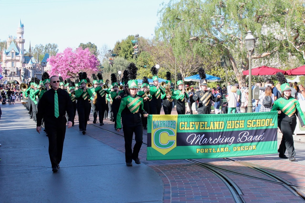 Cleveland's marching band, lead by Gary Riler, marching down Disneyland's Main Street