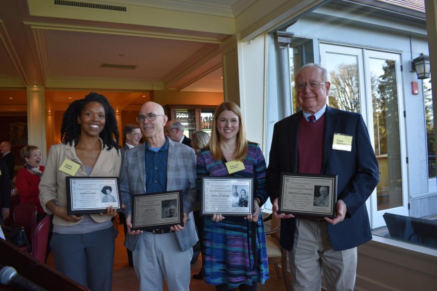 Amber+Starks%2C+Hap+Tivey%2C+Mikylah+Myers%2C+and+Doug+Werschkul+accept+their+plaques+for+distinguished+work+in+their+respective+fields+post+graduation+from+Cleveland+High+School