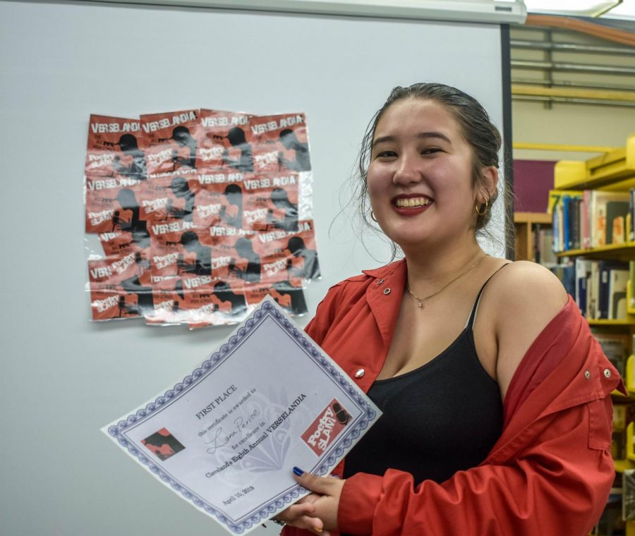 Sophomore Lana Perice is the champion of Verselandia, the slam poetry contest held at Cleveland on April 10, 2019.