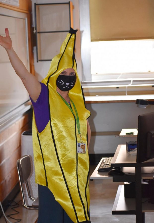 Science teacher Ami Fox is going bananas the first day back for in person instruction.