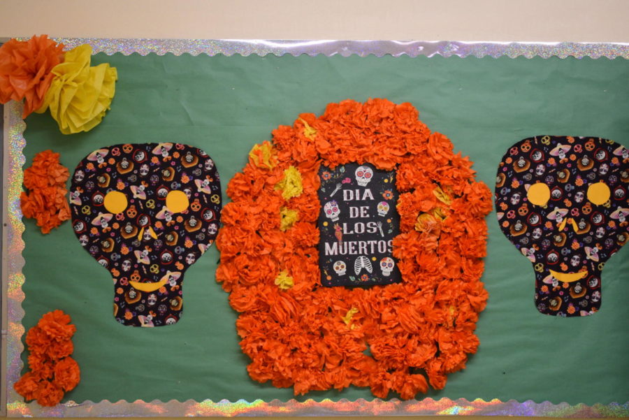 A display outside Dona Esthers Spanish classroom made out of paper made flowers.