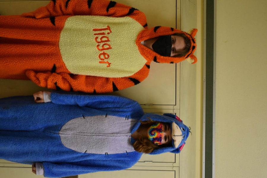 Cleveland students dressing up as Winnie the Pooh characters Tigger and Eeyore for Halloween.