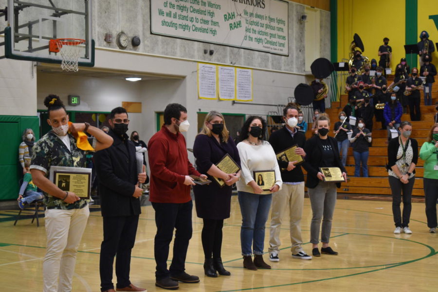 From left, Taylor Avritt, Yadnel Ayala, Nelson Franks, Julie Grahn Hicks, Josie Bocuzzi-Hall, Billy Heflinger, and AK Sitz Peterson recieve their plaques.