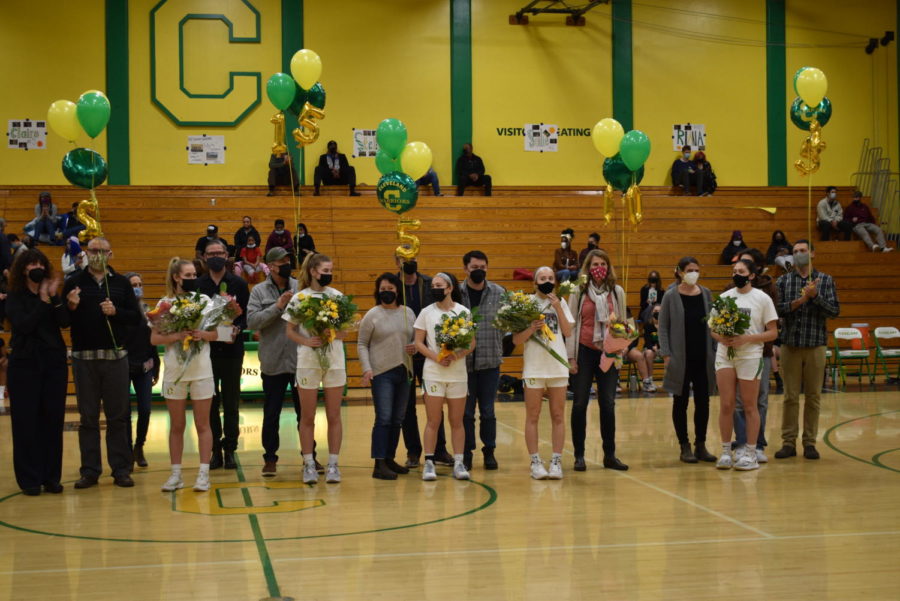 Senior members of the girls basketball team are honored at the senior night game on Feb. 18.