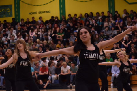 Members of the Tenacity dance team perform at the fall kickoff assembly Sept. 22