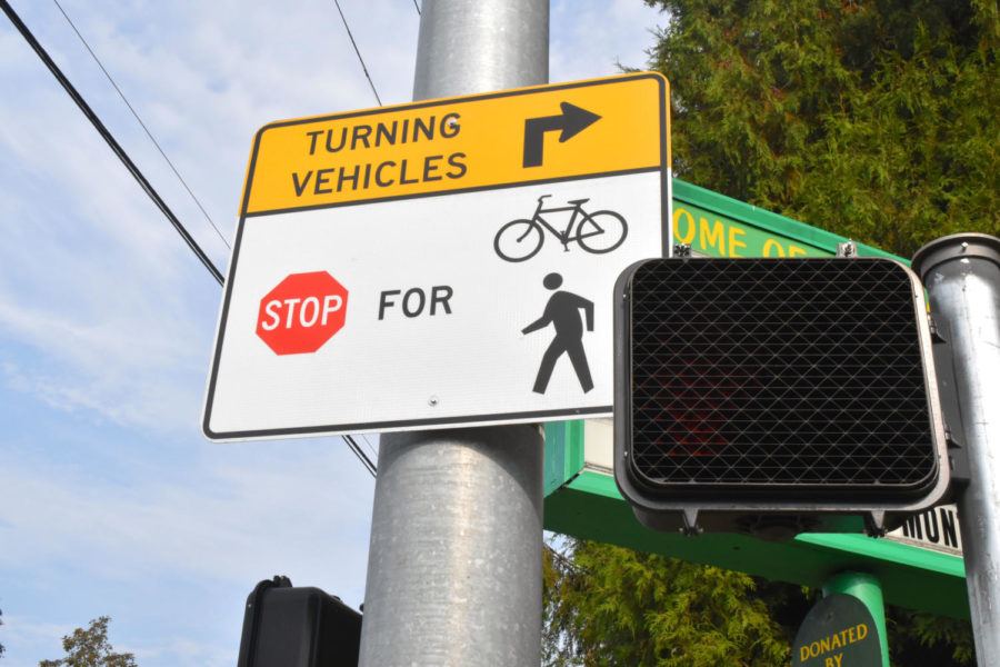 New sign that was put up after recent accidents involving bicyclists and pedestrians on Powell.