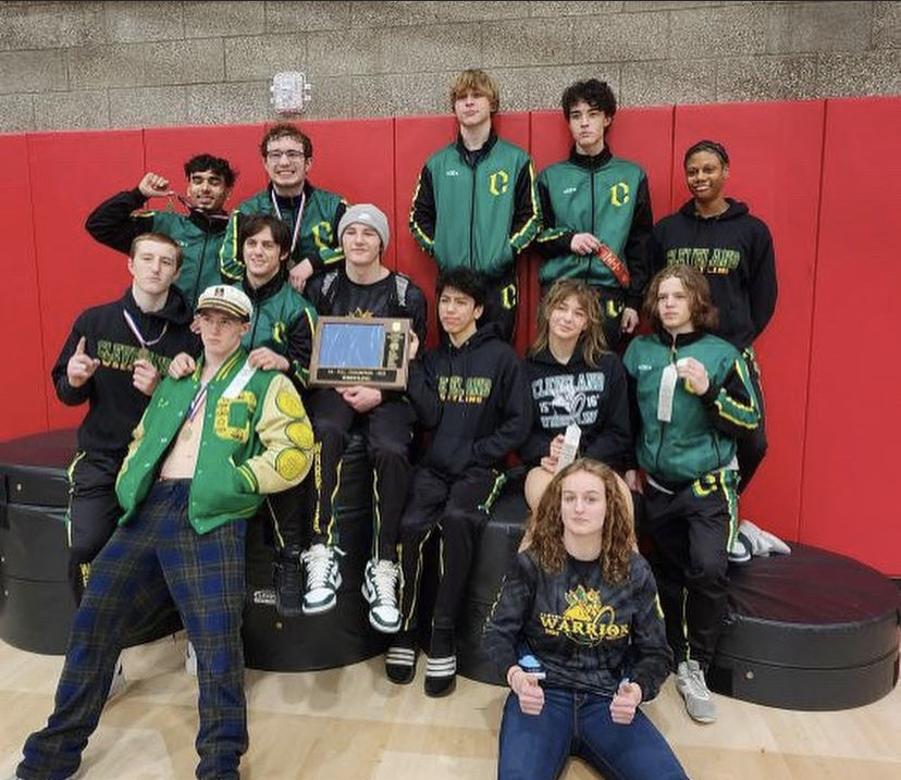 Thirteen+of+Clevelands+wrestlers%2C+shown+here+in+this+photo%2C+will+be+advancing+to+compete+in+the+OSAA+State+championships+at+Veterans+Memorial+Coliseum+during+February+24-25.