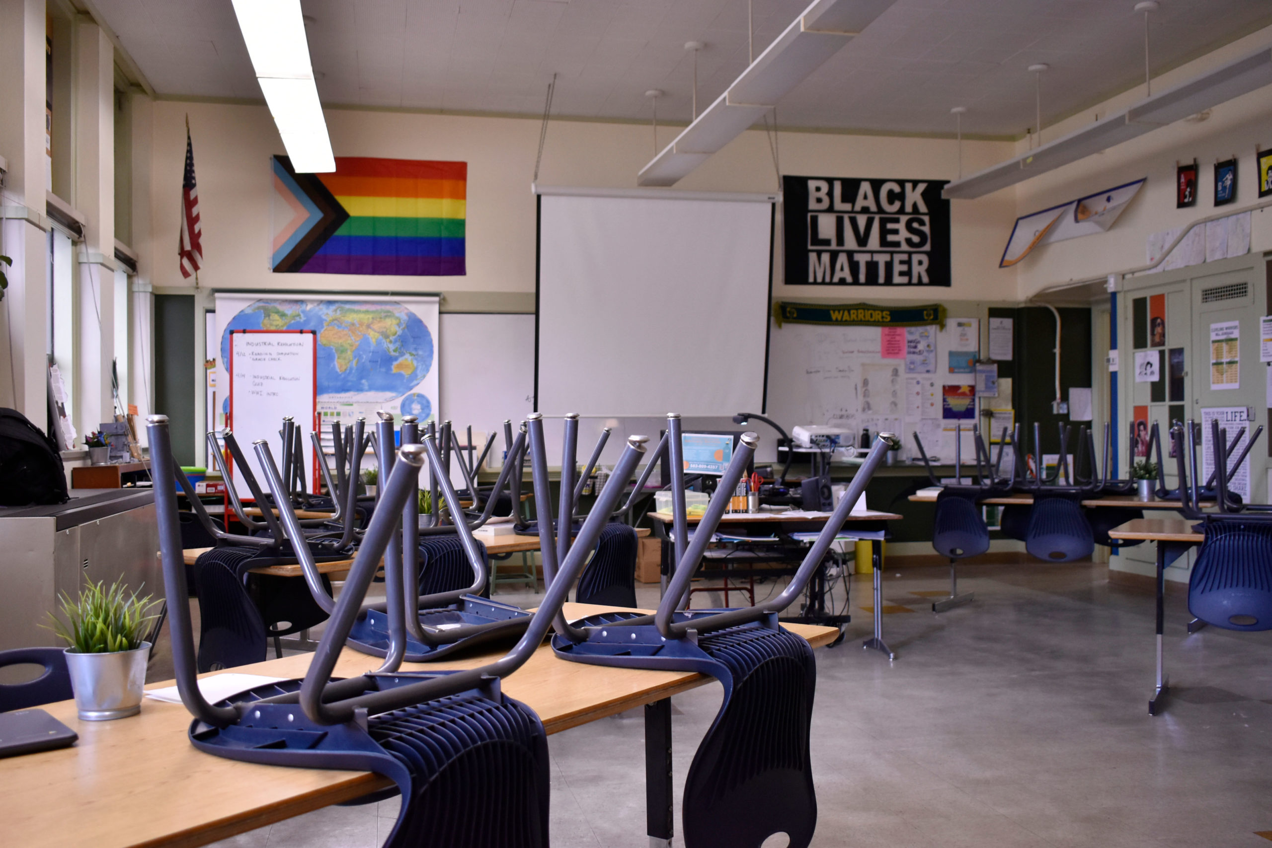 Julia Blattners classroom with lots of natural light and inclusive flags.