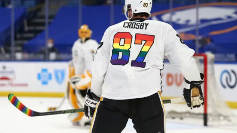 Pittsburgh Penguins Sidney Crosby shows support in a rainbow pride jersey.