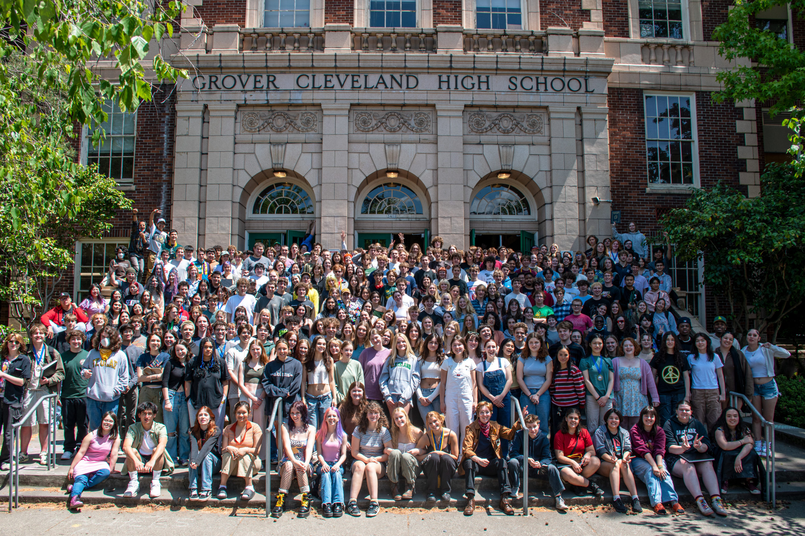 The class of 2023 gathers for the class photo on the front steps of Cleveland June 1. They are graduated at the commencement ceremony June 6 at Providence Park.
