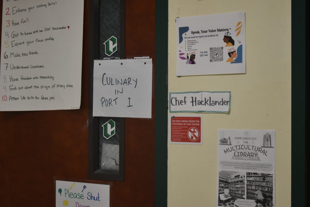 A sign left on the culinary classroom door tells students to meet in Portable 1 while school officials deal with a rat infestation. The classes were expected to meet in the portable for about two weeks.