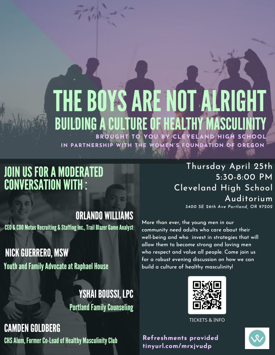 Flyer for the panel discussion on building a culture of healthy masculinity at Cleveland High School.