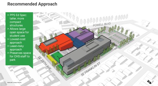 The view looking south from Franklin Street of the recommended approach to building the new school.