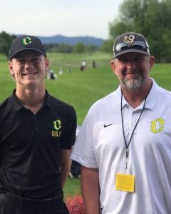 COACH CASEY: Casey Dyer (right) poses with Cleveland golfer Sal Sigstad at the 2022 OSAA Boys Golf State Championships in Corvallis, OR. Photo Courtesy of Cleveland High School Golf Instagram.