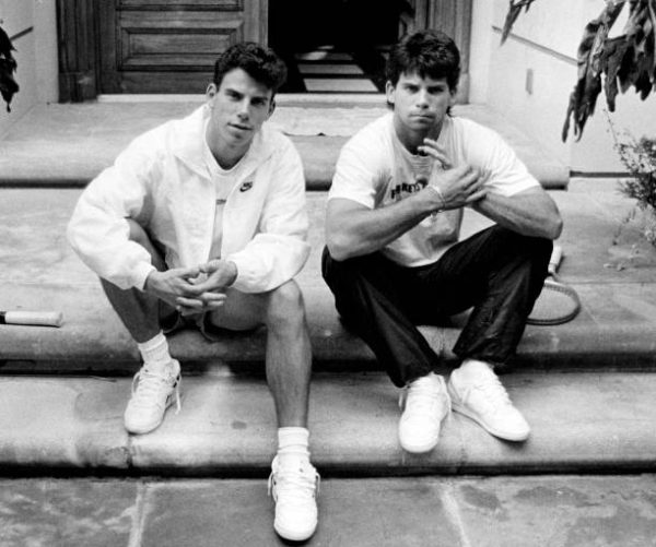 BEVERLY HILLS, CALIF. - NOV. 30, 1989 - Menendez brothers, Erik, left, and Lyle on the steps of their Beverly Hills home in November, 1989. (Ronald L. Soble / Los Angeles Times via Getty Images)