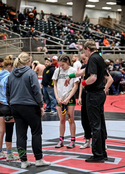 Aubrey Spangler and Izzy Herring waiting for the coin flip.