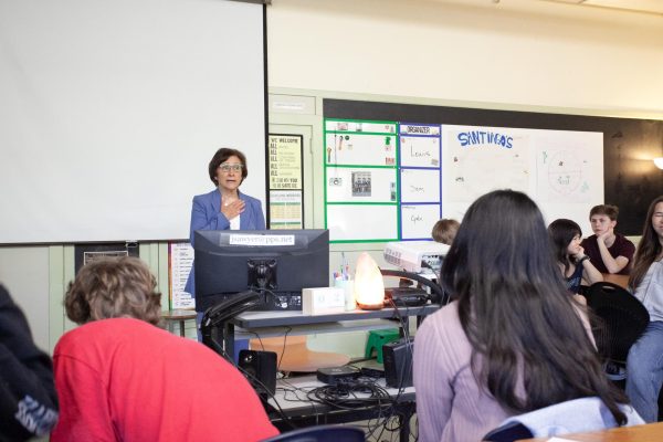 Congresswoman Suzanne Bonamici addresses the leadership class during a visit on May 2 and talks about the role of education in her life. 