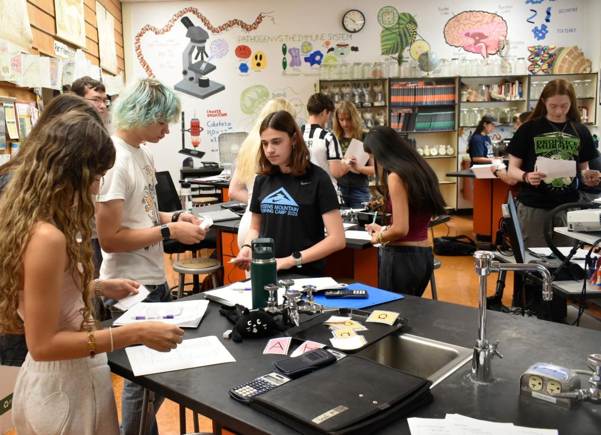 Students working hard in Seamus Shalman's overcrowded HL Biology 3-4 class. Jace Rose photo.