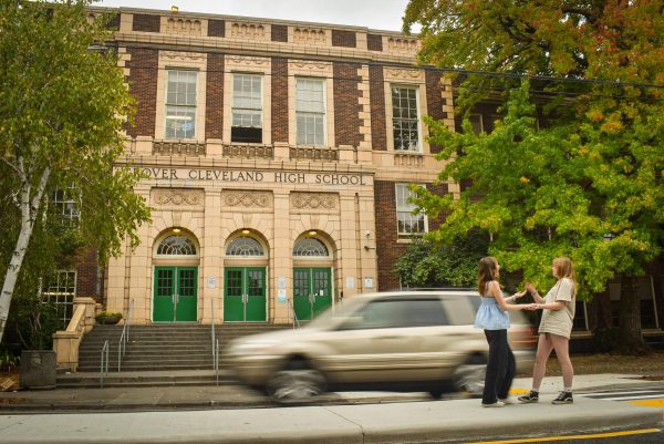 Students dancing in front of Cleveland High School.